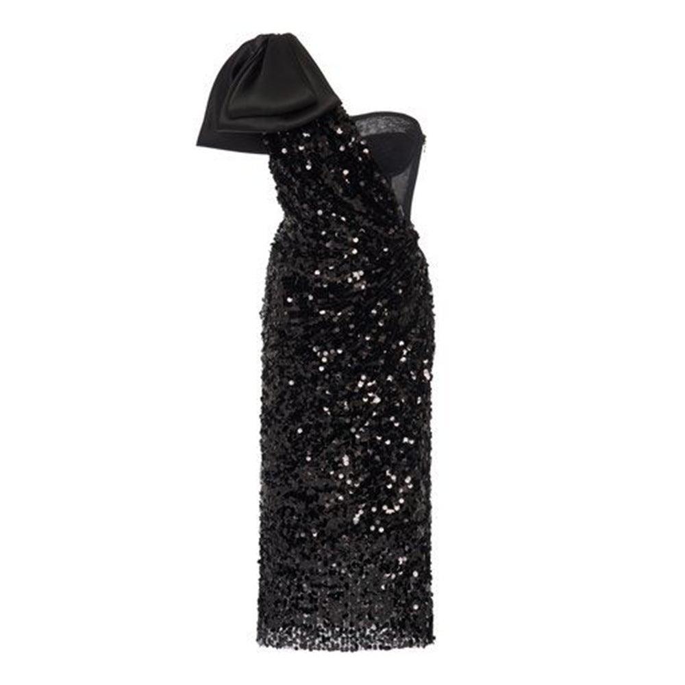 Women's One-shoulder Bow Sequined Sheath Dress - Trendy Mix