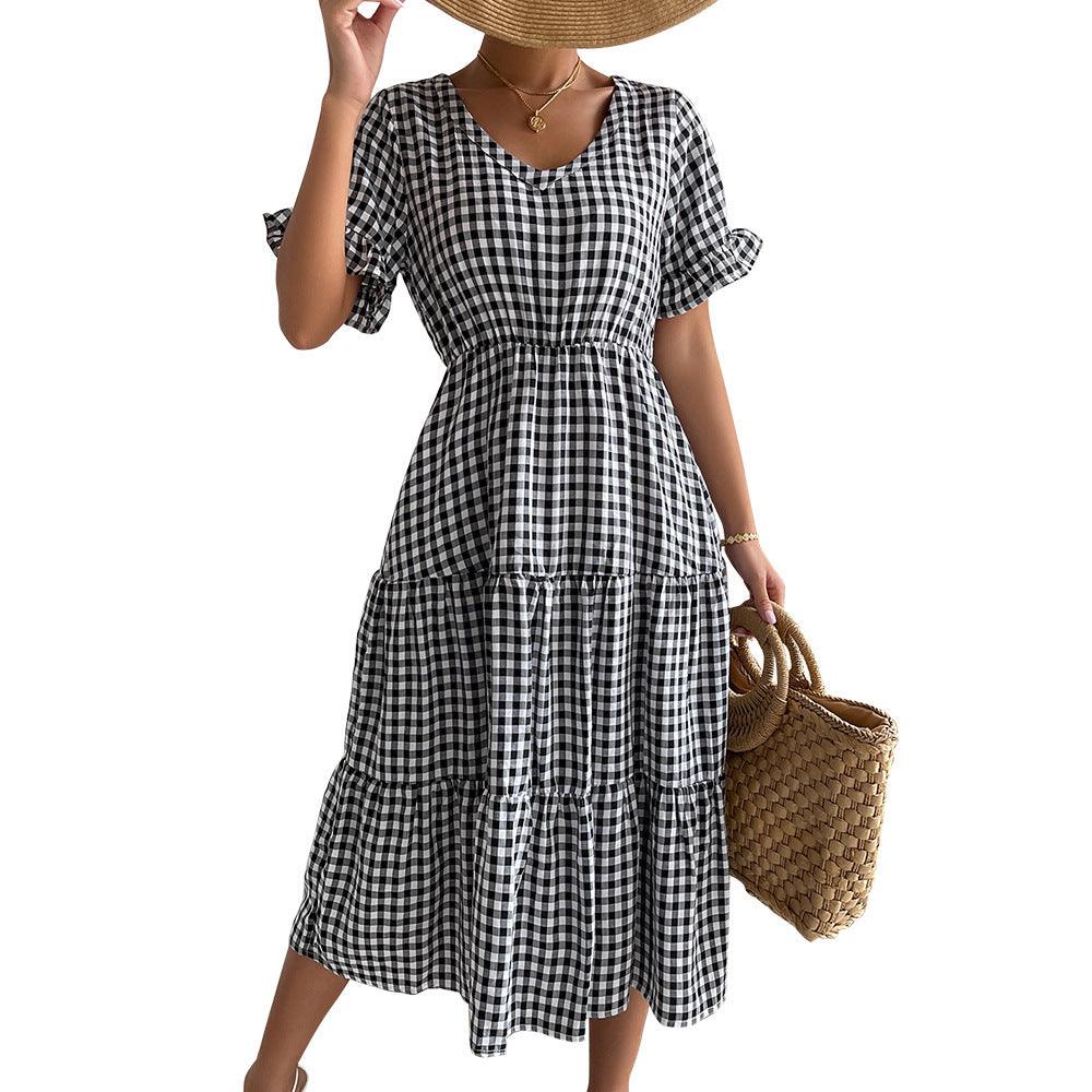 Women's Fashion Temperament Plaid Swing Dress - Trendy Mix