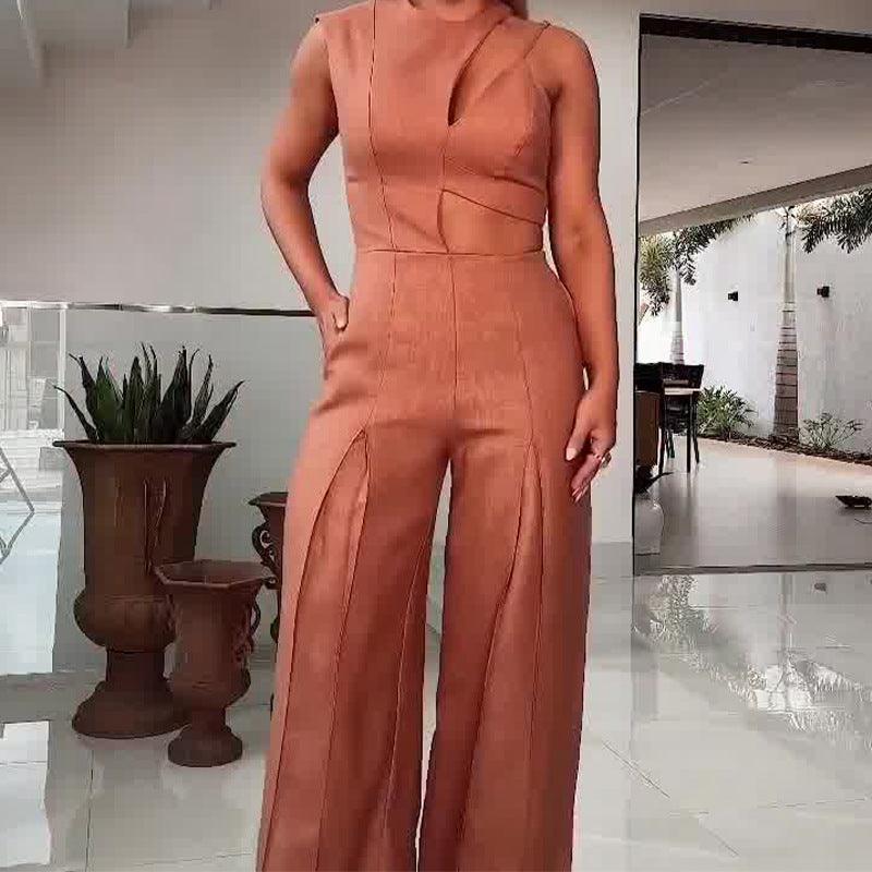 Chic Sleeveless High Waist Wide Leg Jumpsuit with Hollow Out Design in Light Brown - Trendy Mix