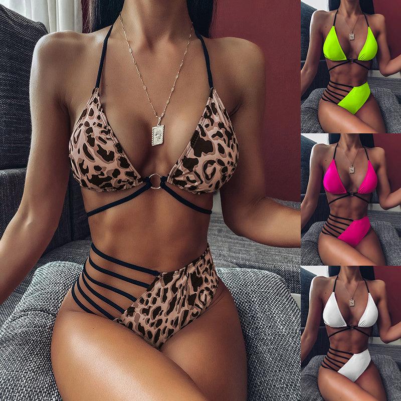 Leopard Print Cutout Halter Neck Two-Piece Swimsuit Set - Trendy Mix