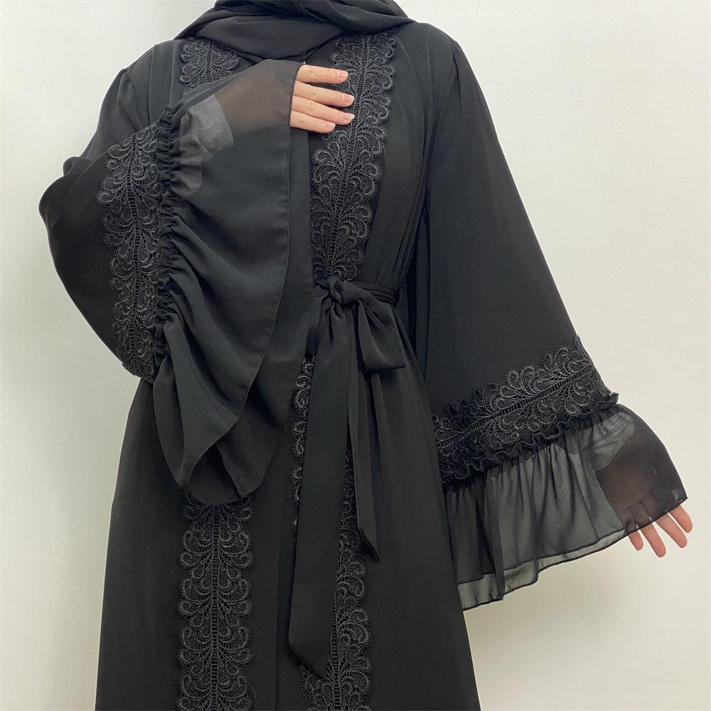 Elegant Black Floral Embroidered Lace-Up Muslim Cardigan Robe - Trendy Mix