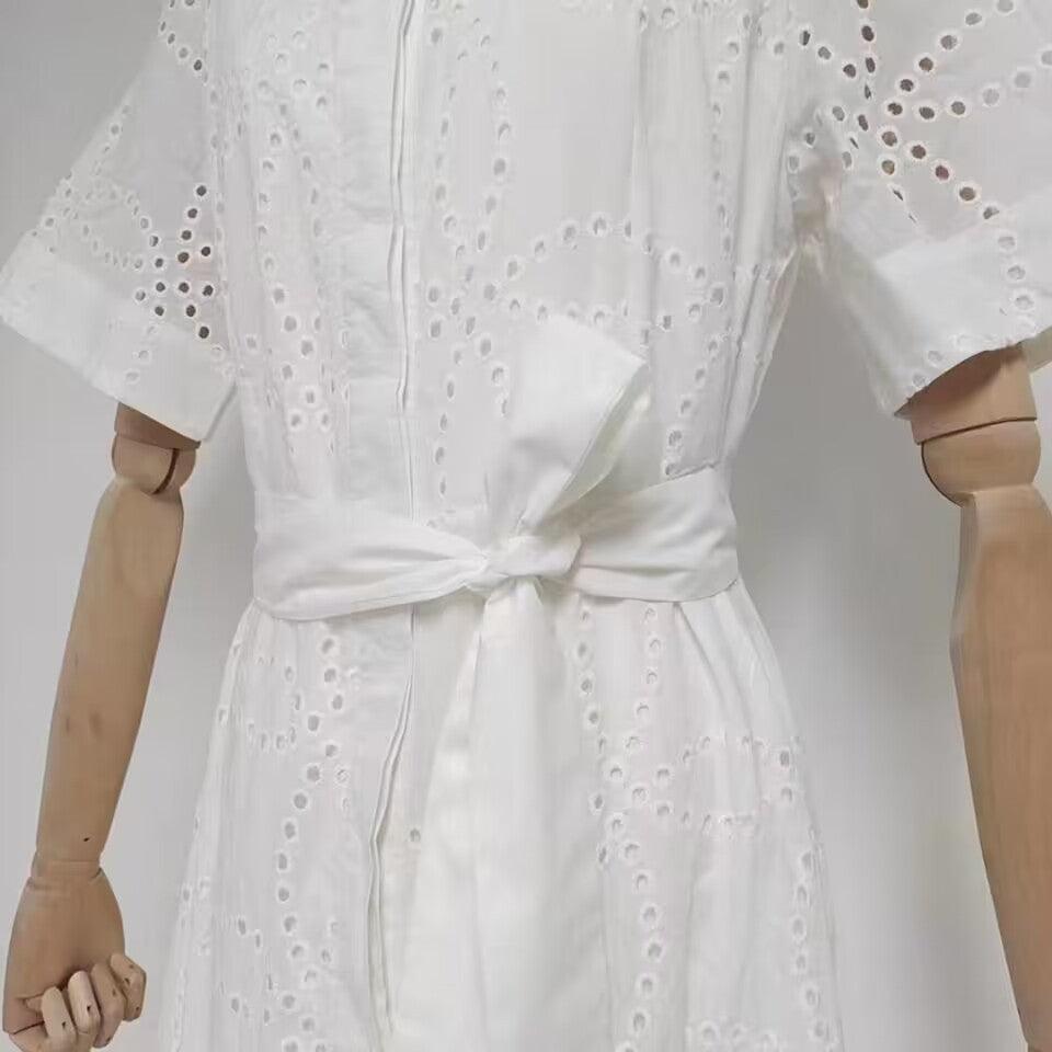 Summer Embroidered Hollow Out Tied Waist-controlled White Dress - Trendy Mix