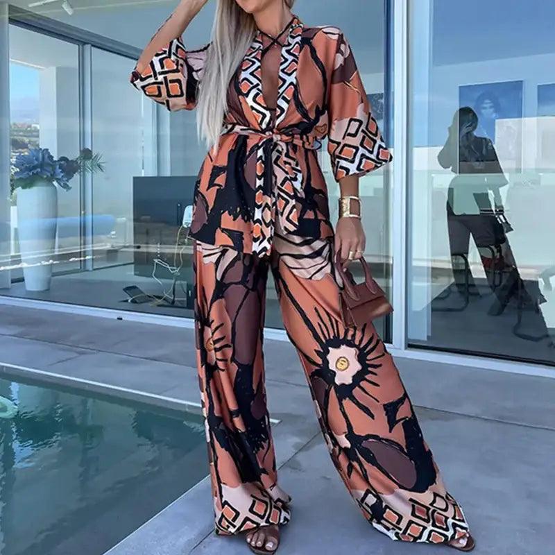 Casual Effortless Elegance Printed Shirt Pants Set - Trendy Mix