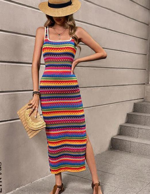 Fashion Casual Striped Sleeveless Square Collar Dress Women - Trendy Mix