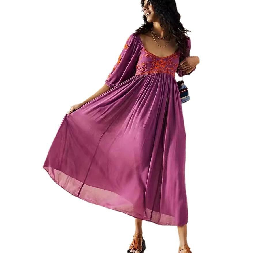 Vintage Bohemian Embroidered Dress for a Free-Spirited Vacation Style - Trendy Mix