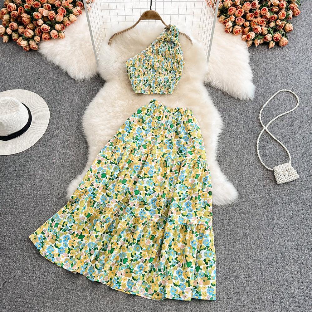 Seaside Women's Slanted Shoulder Vest Skirt High Waist Suit Floral - Trendy Mix