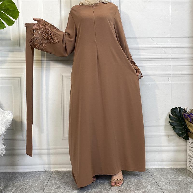 Floral Lace Elegance: Solid Color Hijab Dress - Trendy Mix