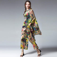 Loose Printed Lotus Satin Silk Suit Crew Neck - Trendy Mix