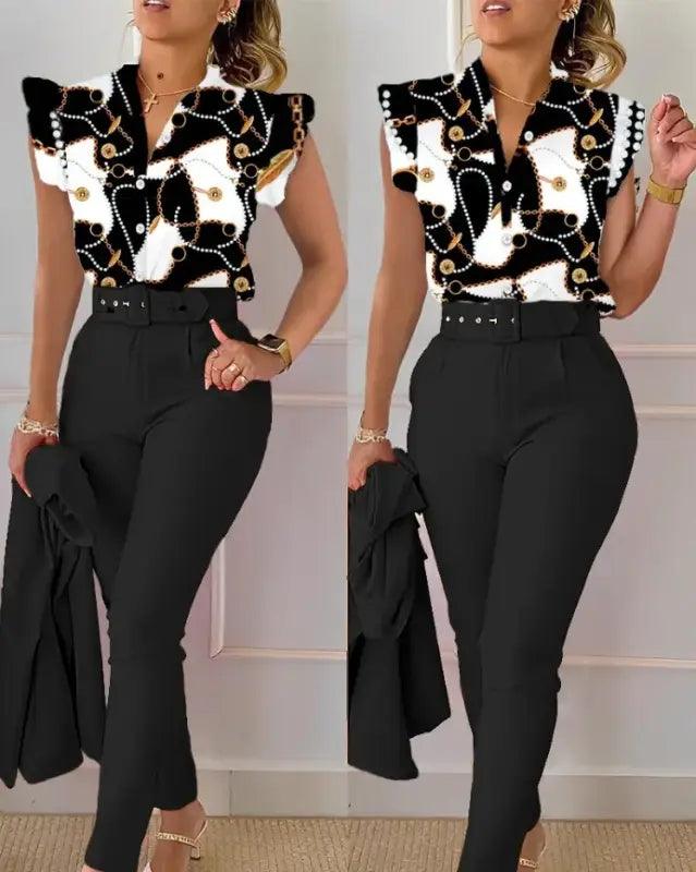 Chic Floral V-neck Shirt & Trousers Set - Trendy Mix