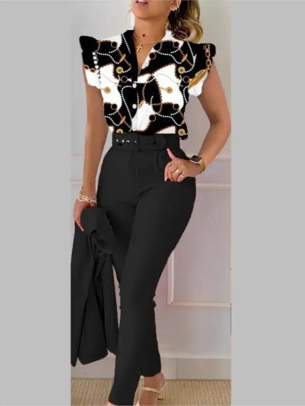 Chic Floral V-neck Shirt & Trousers Set - Trendy Mix