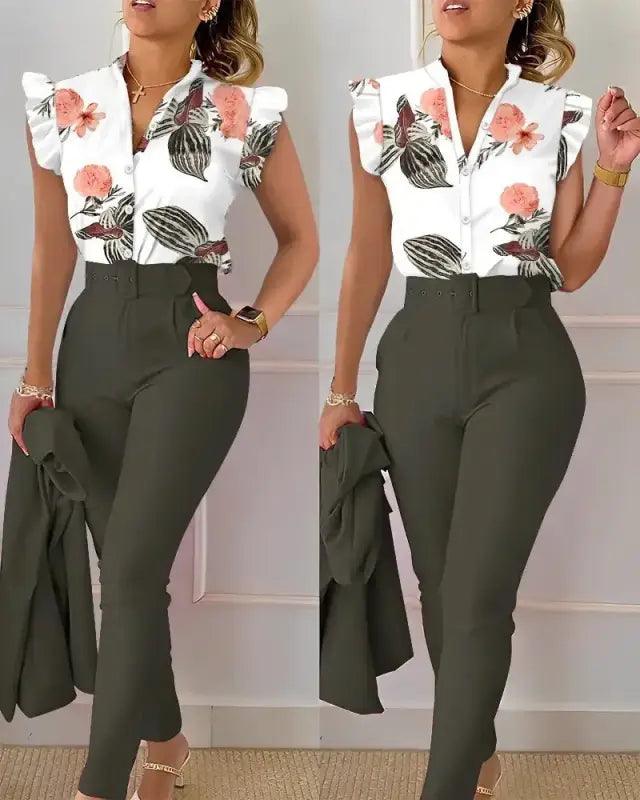 Chic Floral V-neck Shirt & Trousers Set - Trendy Mix