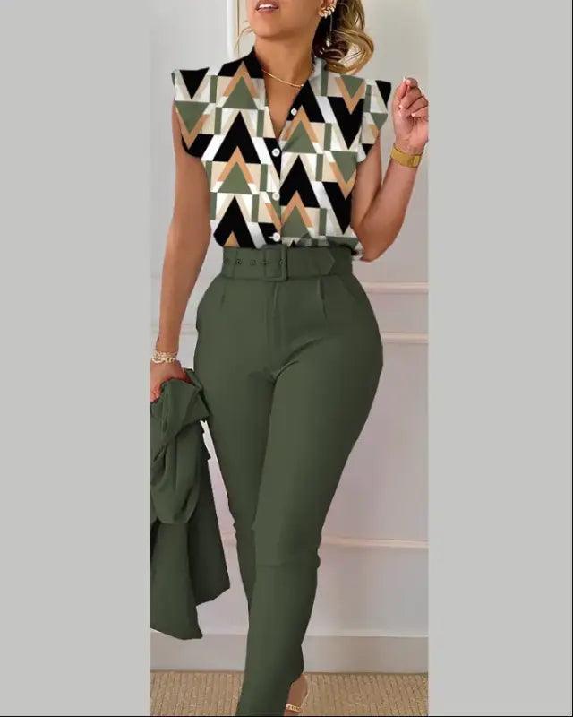 Chic Floral V-neck Shirt & Trousers Set - Trendy Mix