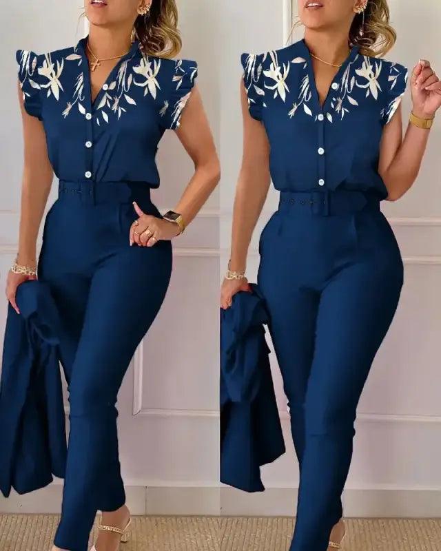 Chic Floral V-neck Shirt & Trousers Set - Trendy Mix