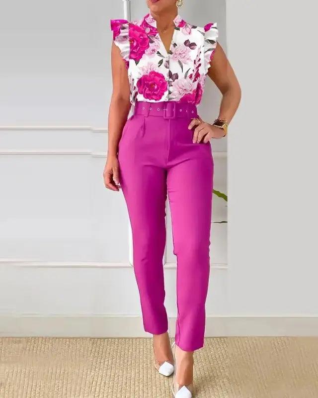 Chic Floral V-neck Shirt & Trousers Set - Trendy Mix