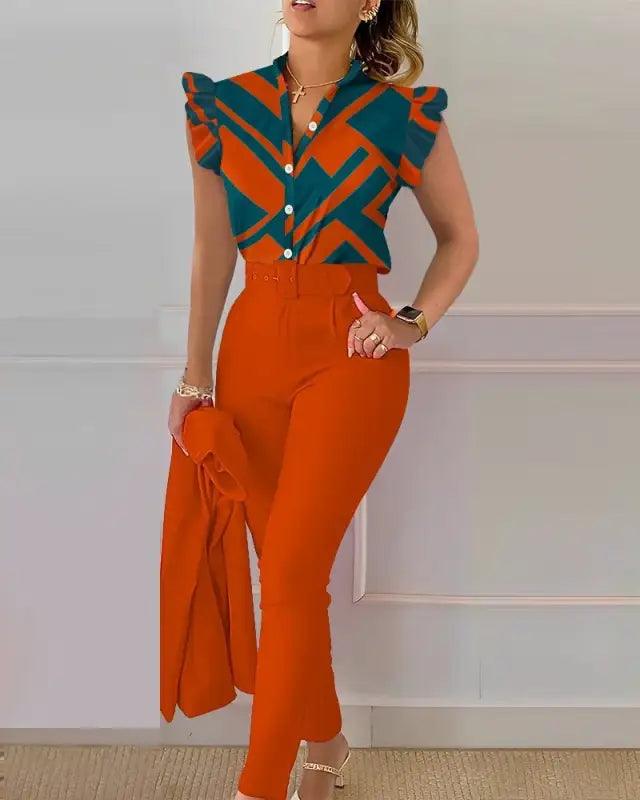 Chic Floral V-neck Shirt & Trousers Set - Trendy Mix