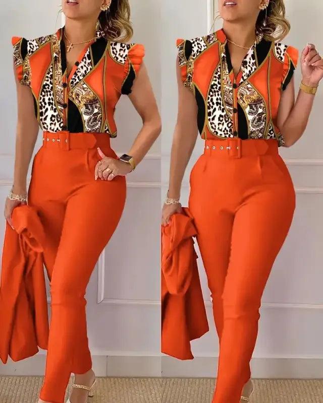 Chic Floral V-neck Shirt & Trousers Set - Trendy Mix