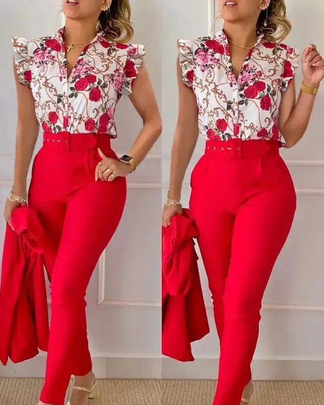 Chic Floral V-neck Shirt & Trousers Set - Trendy Mix