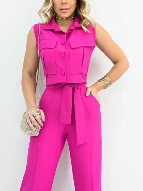 Chic Sleeveless Shirt & Long Pants Set - Trendy Mix