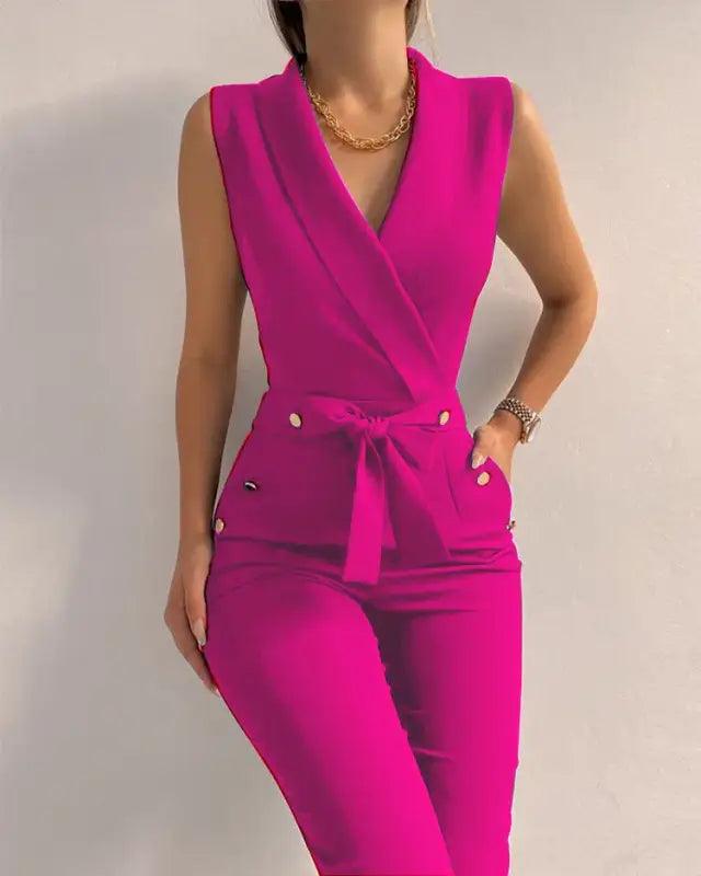 Sophisticated V-Neck Hollow Back Jumpsuit for Women - Trendy Mix