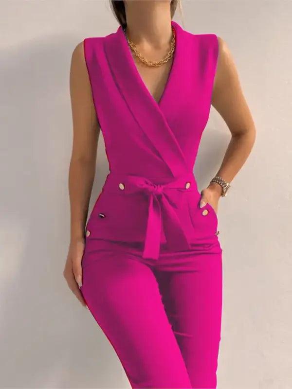 Sophisticated V-Neck Hollow Back Jumpsuit for Women - Trendy Mix