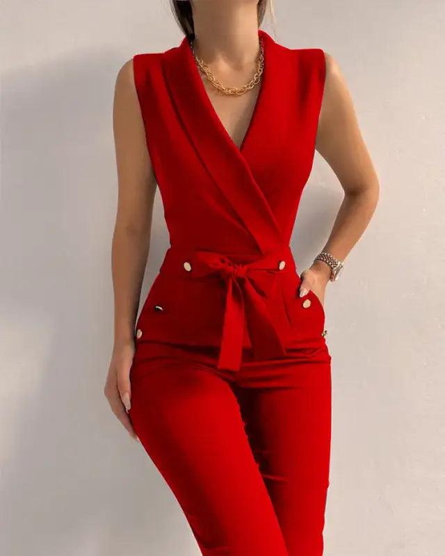 Sophisticated V-Neck Hollow Back Jumpsuit for Women - Trendy Mix