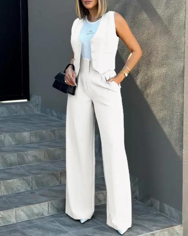 Chic Vest Jacket & Wide Leg Pants Suit - Trendy Mix