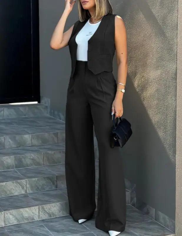 Chic Vest Jacket & Wide Leg Pants Suit - Trendy Mix