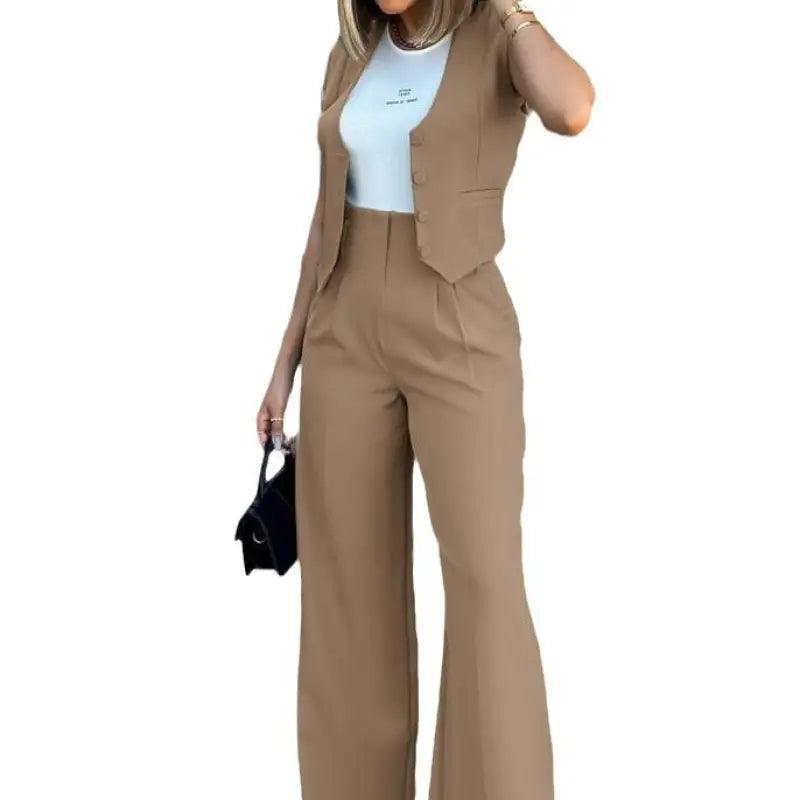 Chic Vest Jacket & Wide Leg Pants Suit - Trendy Mix