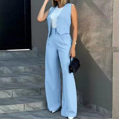 Chic Vest Jacket & Wide Leg Pants Suit - Trendy Mix