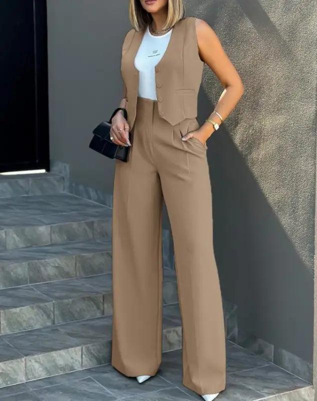 Chic Vest Jacket & Wide Leg Pants Suit - Trendy Mix