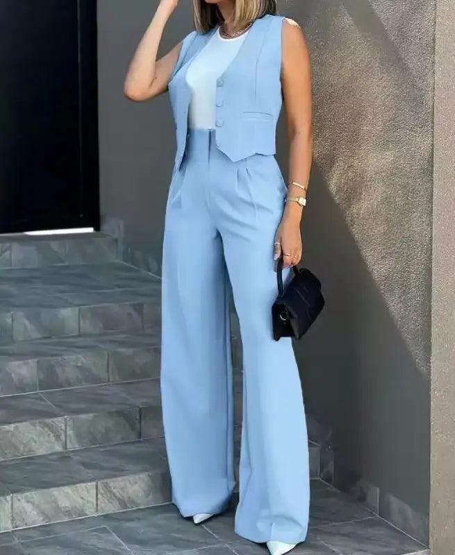 Chic Vest Jacket & Wide Leg Pants Suit - Trendy Mix