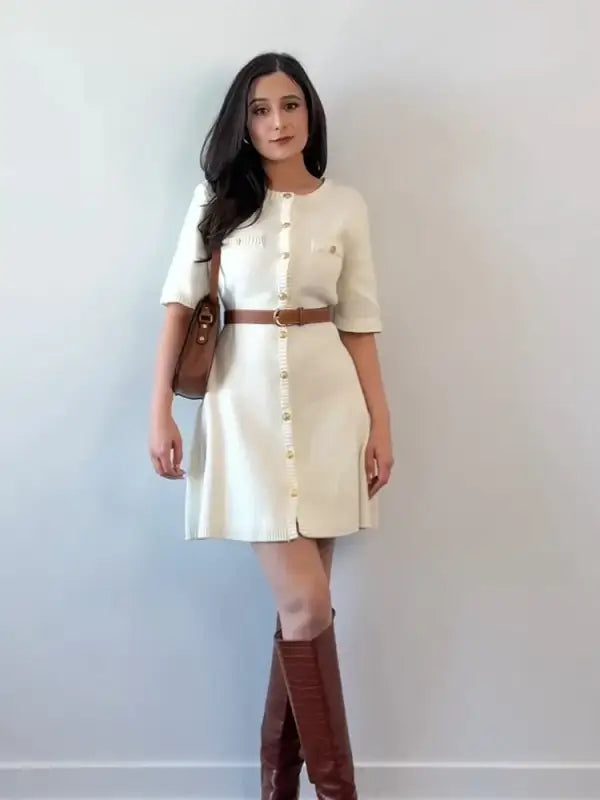 Chic White Knitted Mini Dress - Trendy Mix