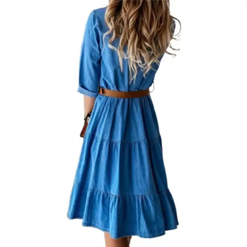 Classic Denim Casual Dress With Belt - Trendy Mix