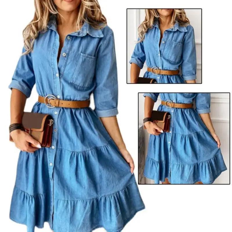 Classic Denim Casual Dress With Belt - Trendy Mix