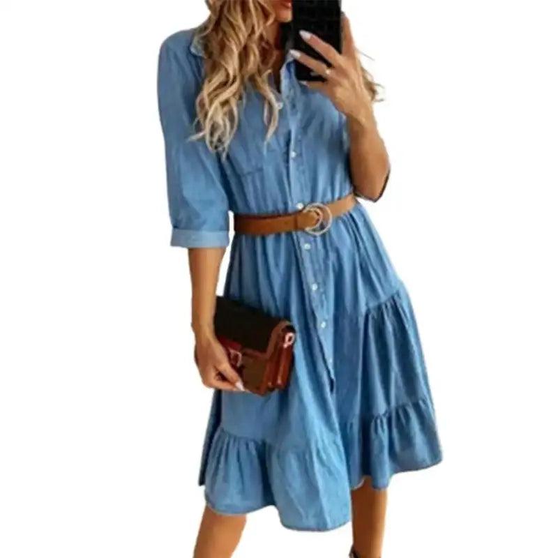 Classic Denim Casual Dress With Belt - Trendy Mix