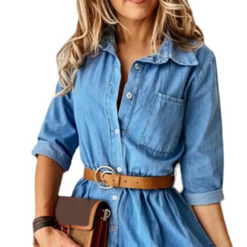 Classic Denim Casual Dress With Belt - Trendy Mix