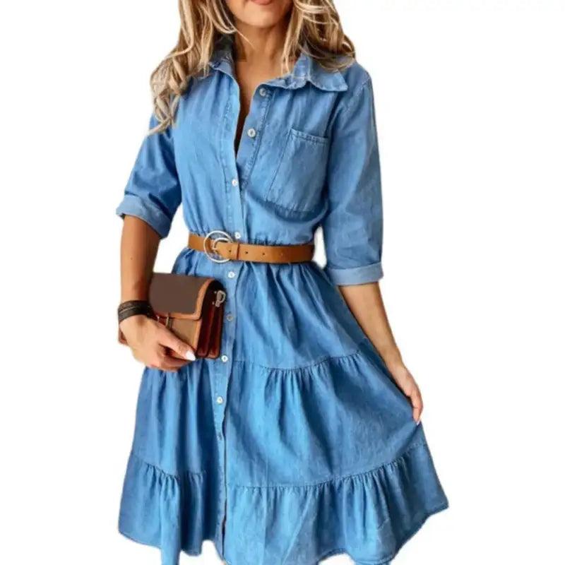 Classic Denim Casual Dress With Belt - Trendy Mix