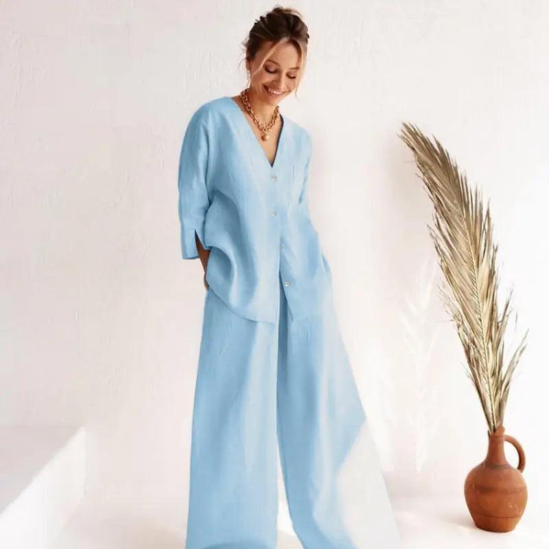 Cotton And Linen Comfortable Loose Long-sleeved Trousers Pajamas Two-piece European And American Home Wear - Trendy Mix