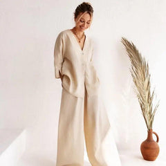 Cotton And Linen Comfortable Loose Long-sleeved Trousers Pajamas Two-piece European And American Home Wear - Trendy Mix