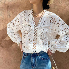 Cotton Embroidered French White Shirt Women’s Long Sleeve Design Sense - Trendy Mix