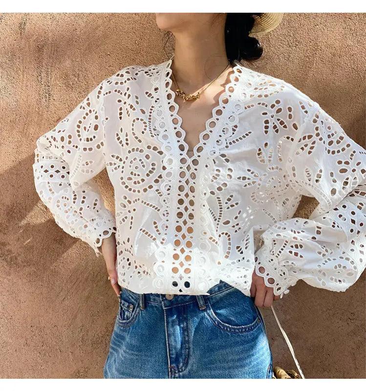 Cotton Embroidered French White Shirt Women’s Long Sleeve Design Sense - Trendy Mix