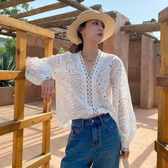 Cotton Embroidered French White Shirt Women’s Long Sleeve Design Sense - Trendy Mix