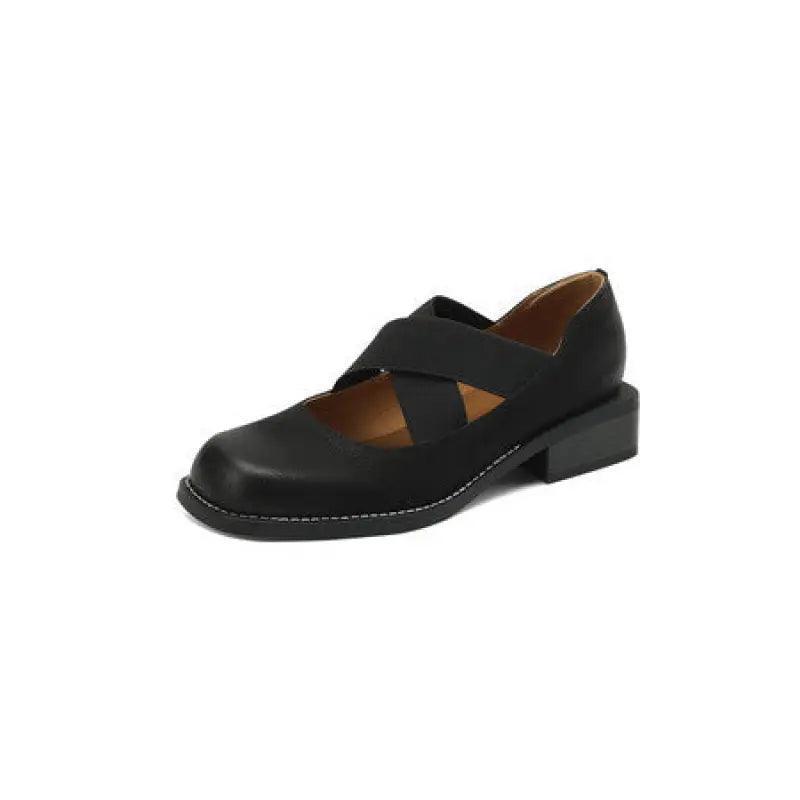 Cowhide Retro Low Heel Elastic Belt Shallow Mouth Pumps - Trendy Mix