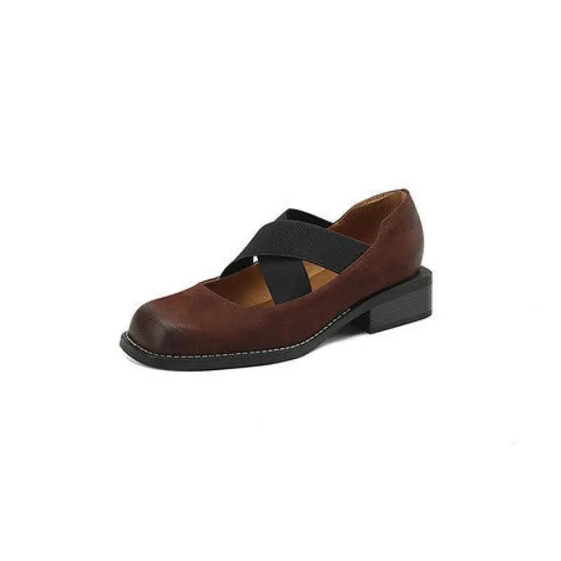 Cowhide Retro Low Heel Elastic Belt Shallow Mouth Pumps - Trendy Mix
