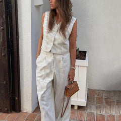 Striped Elegance: Women's Sleeveless Vest and Trousers Set - Trendy Mix