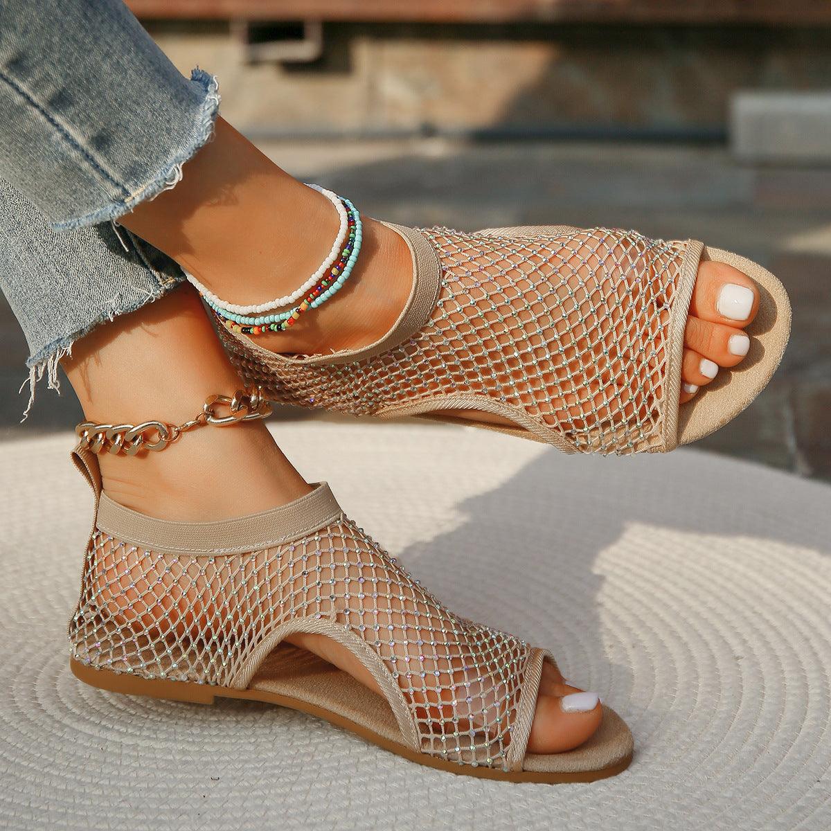 Chic Rhinestone-Embellished Open Toe Sandals with Hollow Design - Trendy Mix