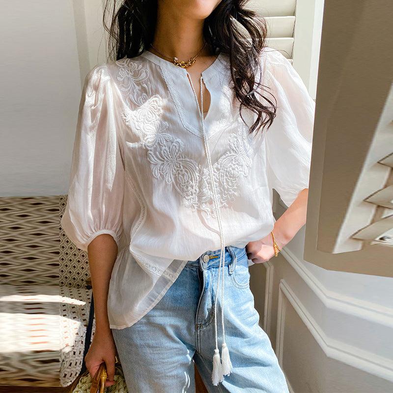 French Lace-Up Lantern Sleeve Top for Women - Trendy Mix