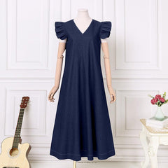 Denim Solid Color V-neck Bohemian Loose Large Size Long Dress - Trendy Mix