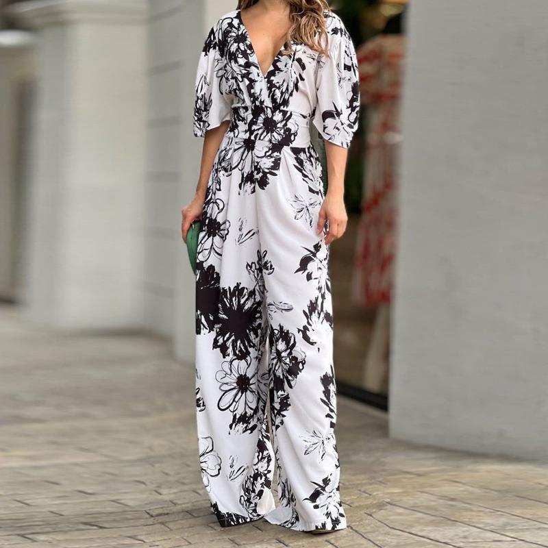 Printed High-Waist Batwing Sleeve Jumpsuit with Loose Fit - Trendy Mix