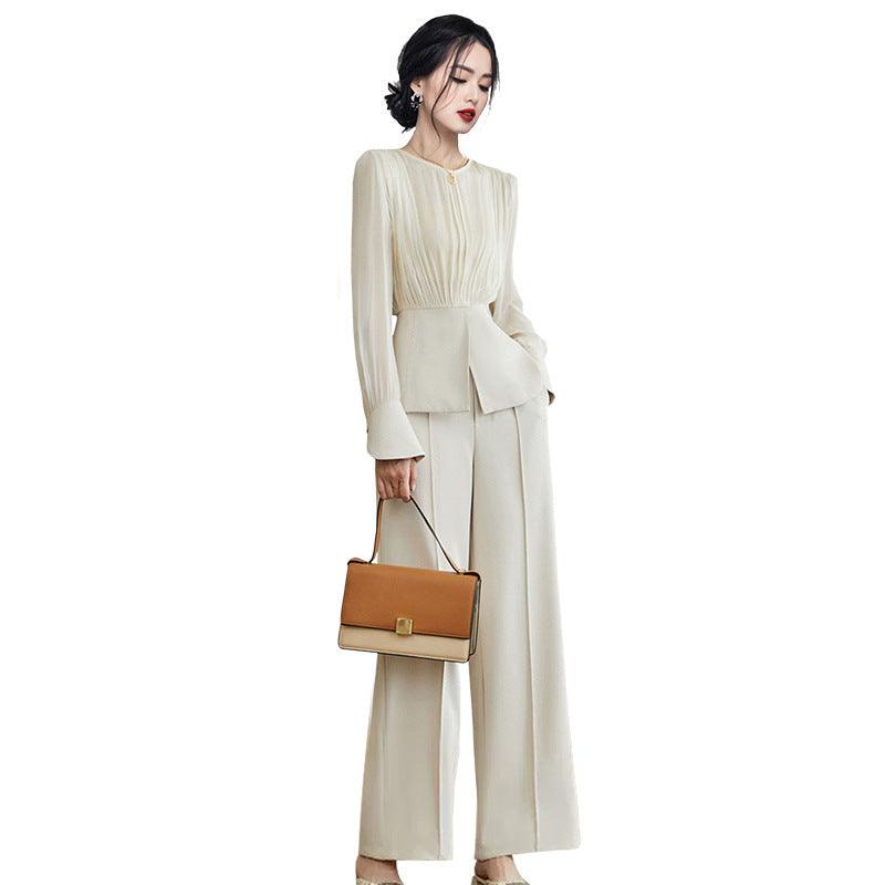 Chic Beige Apricot Long Sleeve Two-Piece Set with Wide-Leg Pants - Trendy Mix